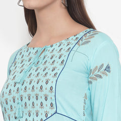 Indibelle Women Sky Blue Rayon Block Print Straight Kurta