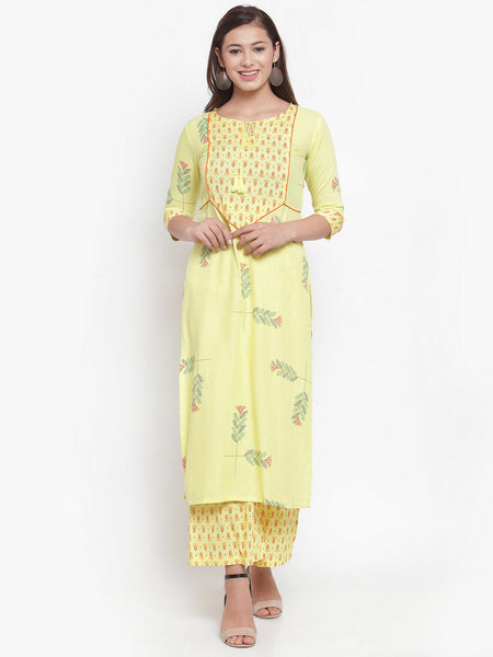 Indibelle Women Yellow Rayon Block Print Straight Kurta