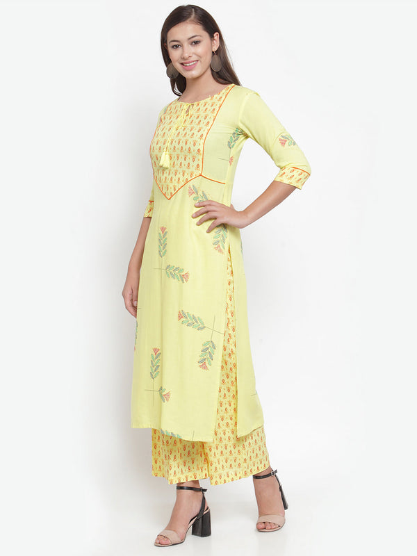 Indibelle Women Yellow Rayon Block Print Straight Kurta set