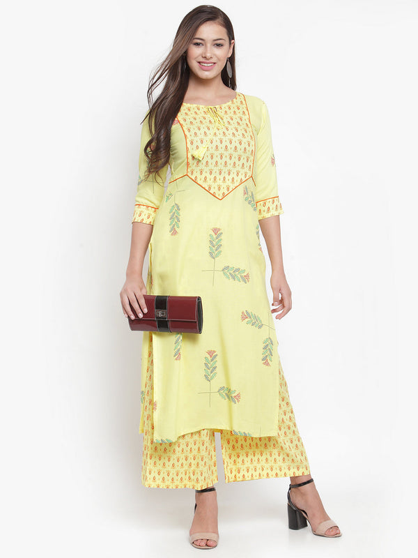 Indibelle Women Yellow Rayon Block Print Straight Kurta set
