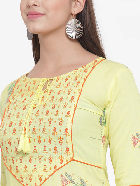 Indibelle Women Yellow Rayon Block Print Straight Kurta