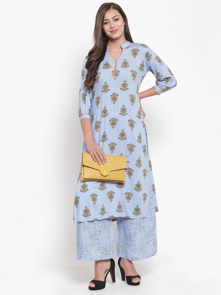 Indibelle Women Powder Blue Cotton Block Print Straight Kurta