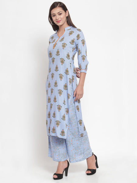 Indibelle Women Powder Blue Cotton Block Print Straight Kurta