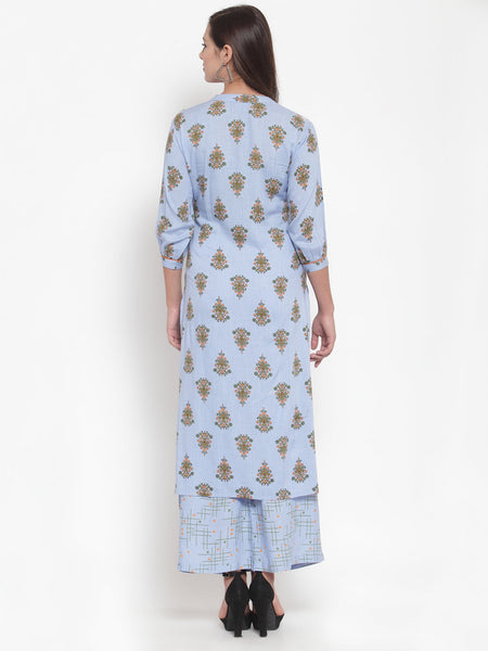 Indibelle Women Powder Blue Cotton Block Print Straight Kurta