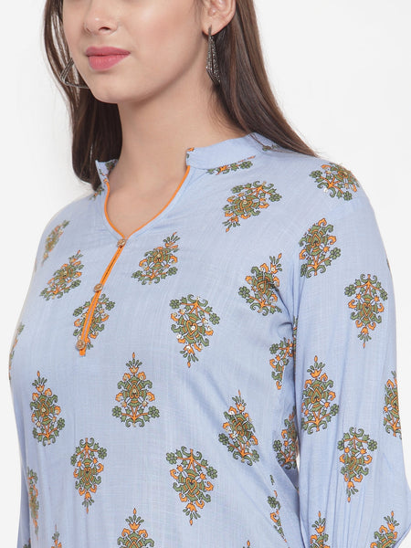 Indibelle Women Powder Blue Cotton Block Print Straight Kurta