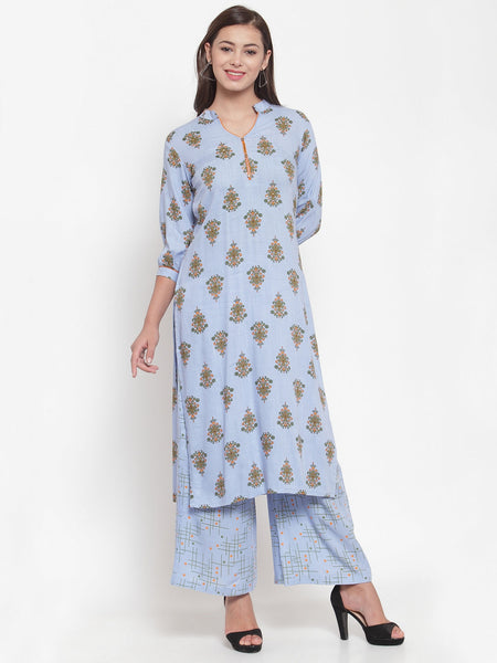 Indibelle Women Powder Blue Cotton Block Print Straight Kurta