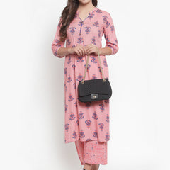 Indibelle Women Peach Cotton Block Print Straight Kurta