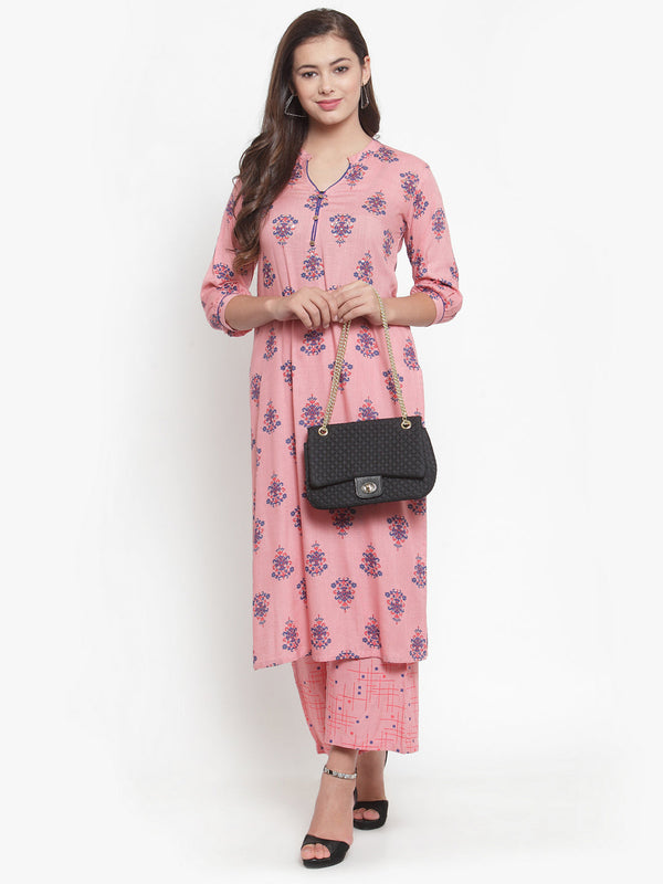 Indibelle Women Peach Cotton Block Print Straight Kurta