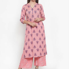 Indibelle Women Peach Cotton Block Print Straight Kurta