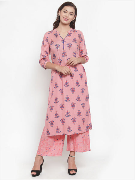 Indibelle Women Peach Cotton Block Print Straight Kurta