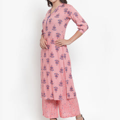 Indibelle Women Peach Cotton Block Print Straight Kurta