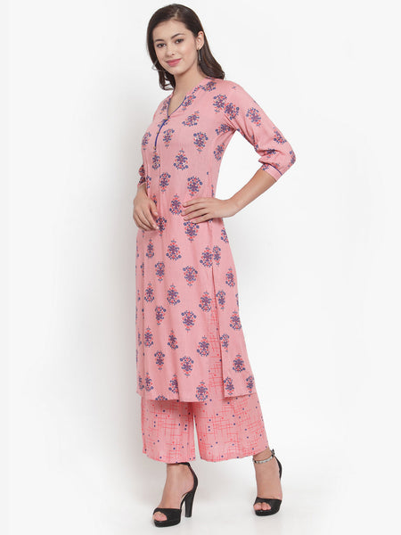 Indibelle Women Peach Cotton Block Print Straight Kurta