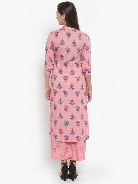 Indibelle Women Peach Cotton Block Print Straight Kurta
