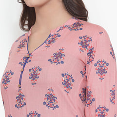 Indibelle Women Peach Cotton Block Print Straight Kurta