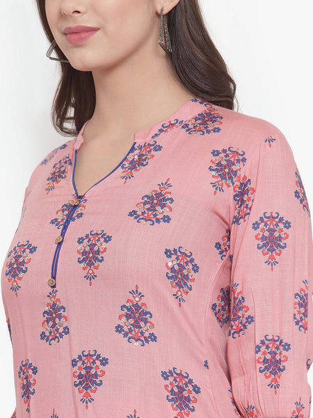 Indibelle Women Peach Cotton Block Print Straight Kurta