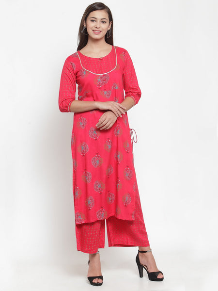 Indibelle Women Red Rayon Foil Print Straight Kurta 