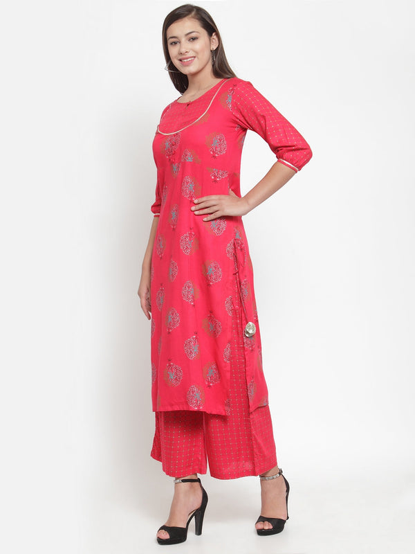 Indibelle Women Red Rayon Foil Print Straight Kurta set