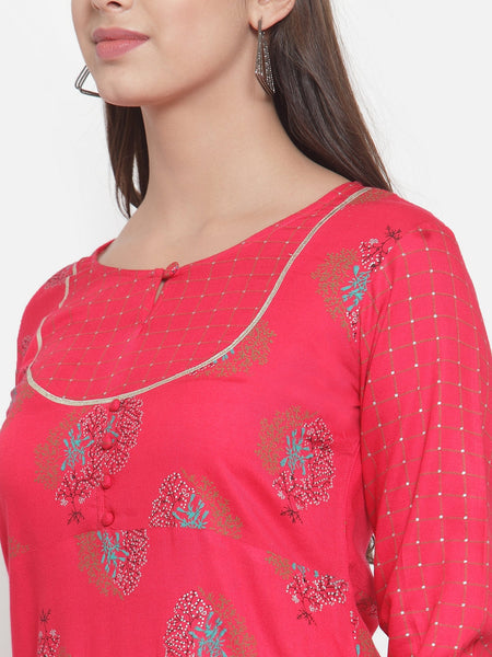 Indibelle Women Red Rayon Foil Print Straight Kurta 