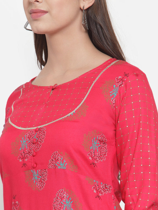 Indibelle Women Red Rayon Foil Print Straight Kurta set