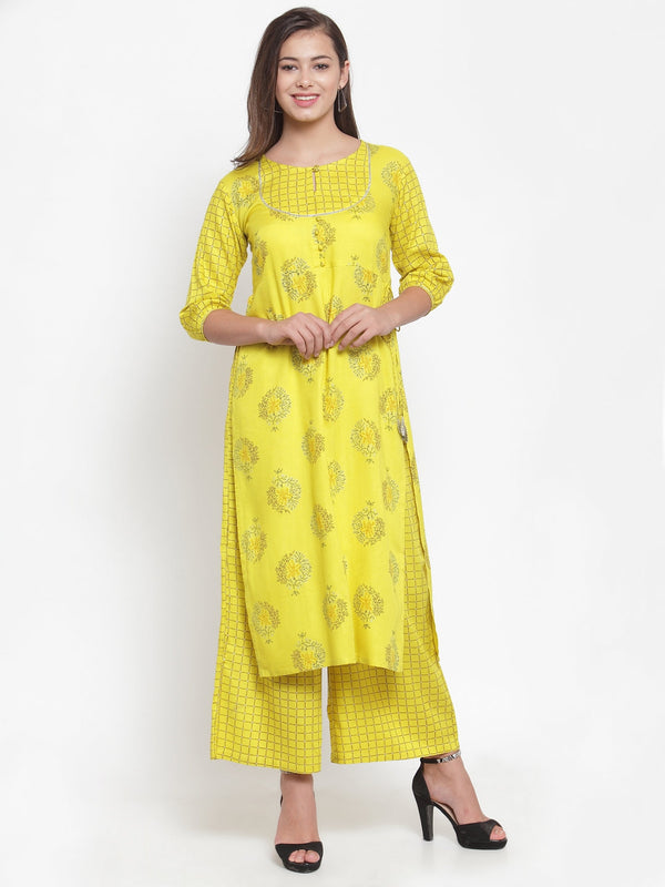 Indibelle Women Neyon Yellow Rayon Foil Print Straight Kurta