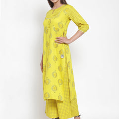 Indibelle Women Neyon Yellow Rayon Foil Print Straight Kurta set
