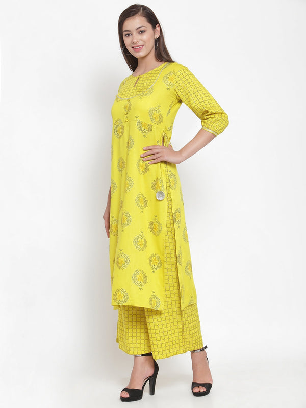 Indibelle Women Neyon Yellow Rayon Foil Print Straight Kurta set