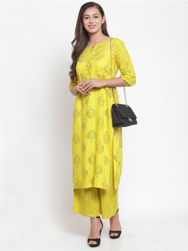 Indibelle Women Neyon Yellow Rayon Foil Print Straight Kurta