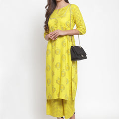 Indibelle Women Neyon Yellow Rayon Foil Print Straight Kurta set