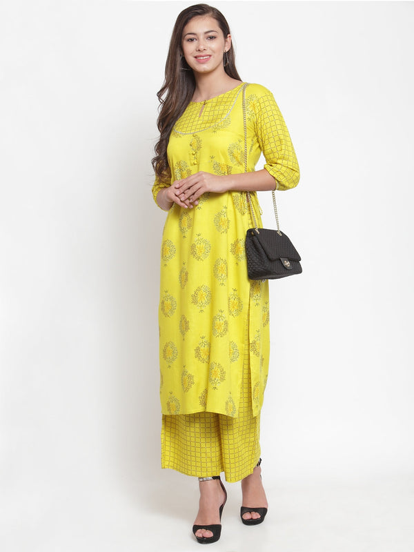 Indibelle Women Neyon Yellow Rayon Foil Print Straight Kurta set