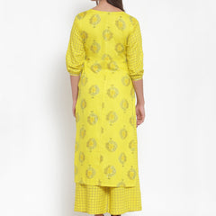 Indibelle Women Neyon Yellow Rayon Foil Print Straight Kurta set