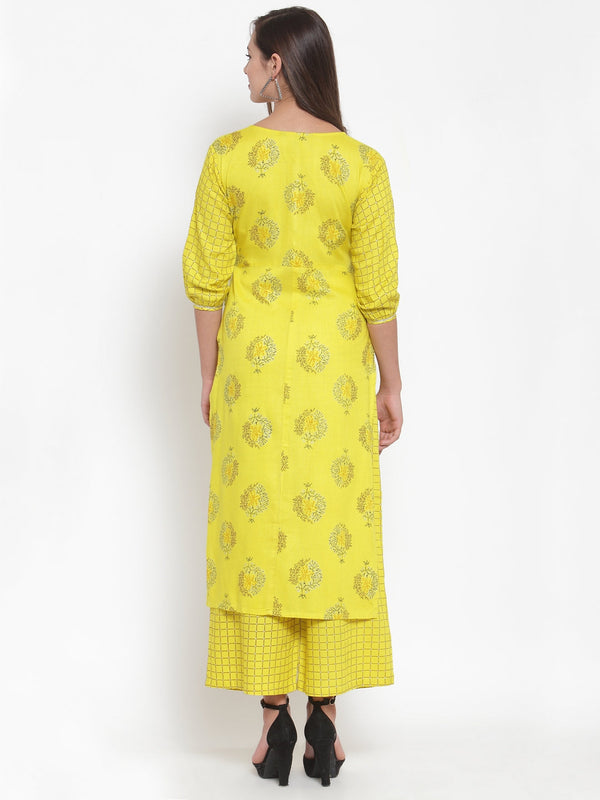 Indibelle Women Neyon Yellow Rayon Foil Print Straight Kurta set