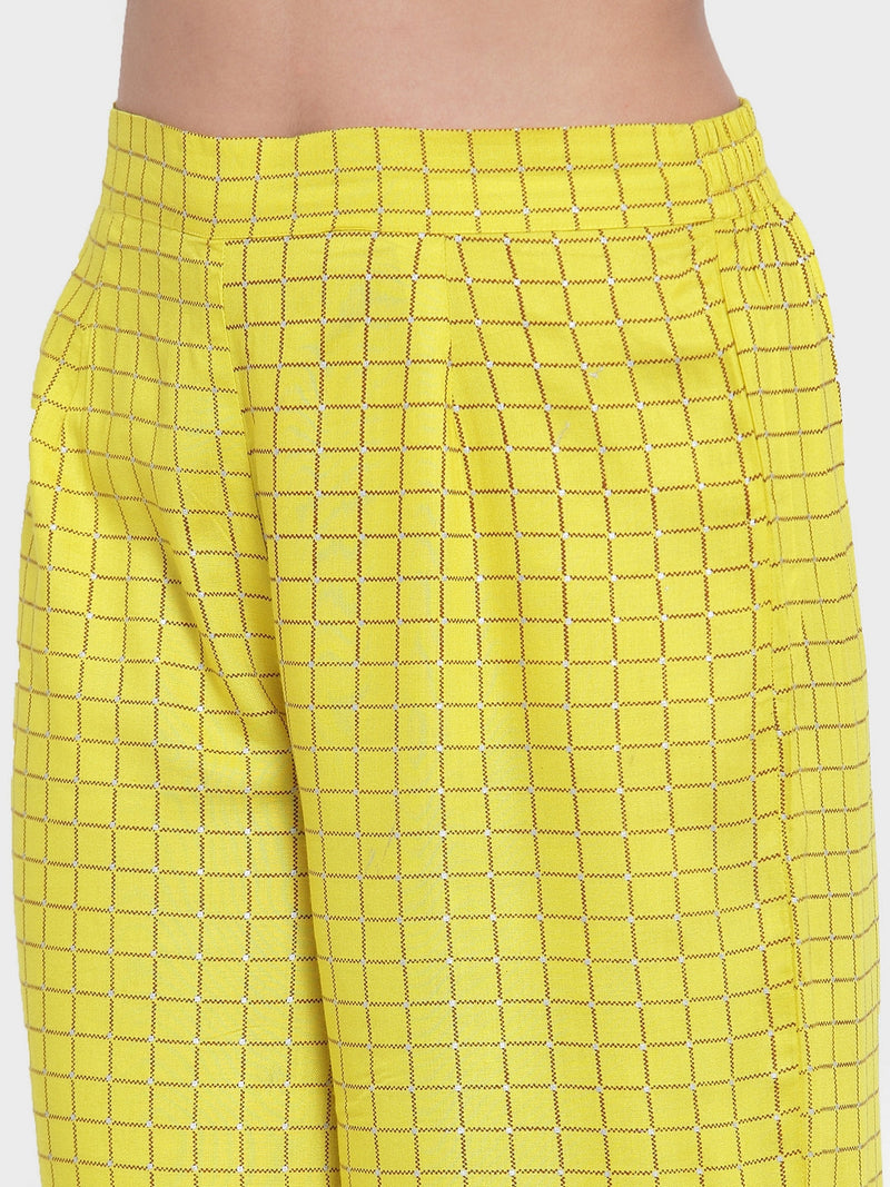 Indibelle Women Neyon Yellow Rayon Foil Print Straight Kurta set