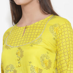 Indibelle Women Neyon Yellow Rayon Foil Print Straight Kurta set