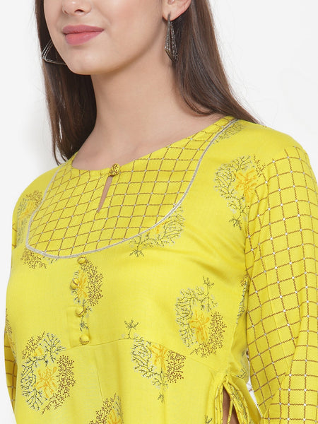 Indibelle Women Neyon Yellow Rayon Foil Print Straight Kurta
