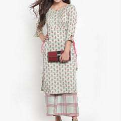 Indibelle Women Sea Green Cotton Flax Floral Print Straight Kurta