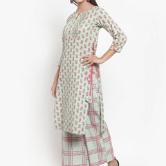 Indibelle Women Sea Green Cotton Flax Floral Print Straight Kurta