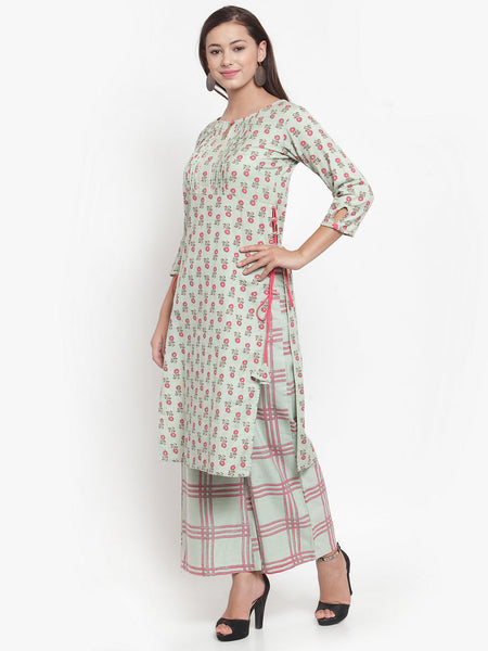 Indibelle Women Sea Green Cotton Flax Floral Print Straight Kurta