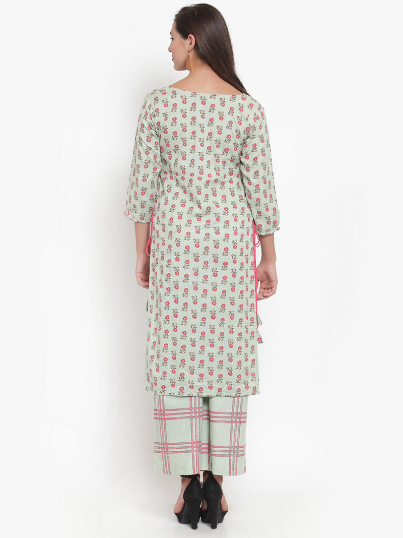 Indibelle Women Sea Green Cotton Flax Floral Print Straight Kurta