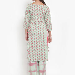 Indibelle Women Sea Green Cotton Flax Floral Print Straight Kurta