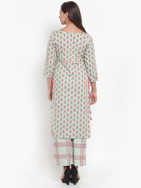Indibelle Women Sea Green Cotton Flax Floral Print Straight Kurta