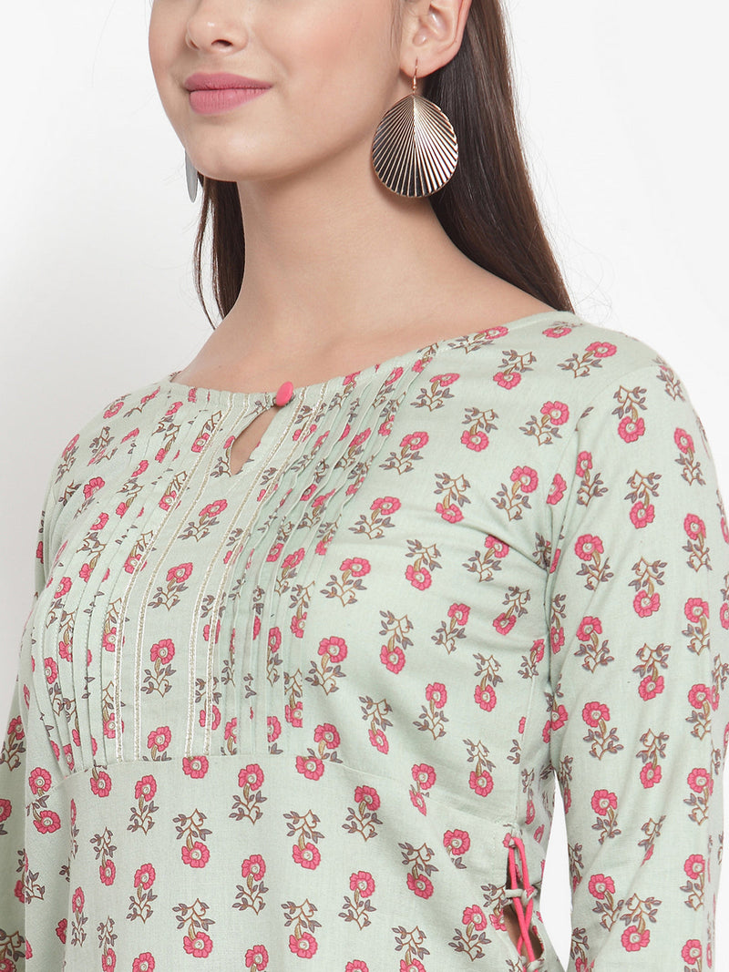 Indibelle Women Sea Green Cotton Flax Floral Print Straight Kurta