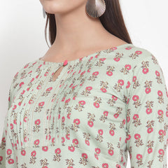 Indibelle Women Sea Green Cotton Flax Floral Print Straight Kurta