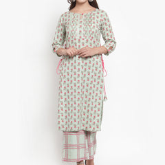 Indibelle Women Sea Green Cotton Flax Floral Print Straight Kurta