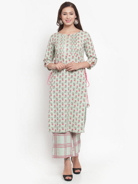 Indibelle Women Sea Green Cotton Flax Floral Print Straight Kurta