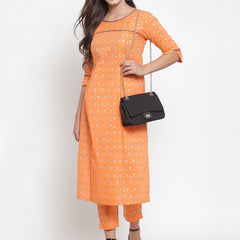 Indibelle Women Orange Cotton Foil Print Straight Kurta set