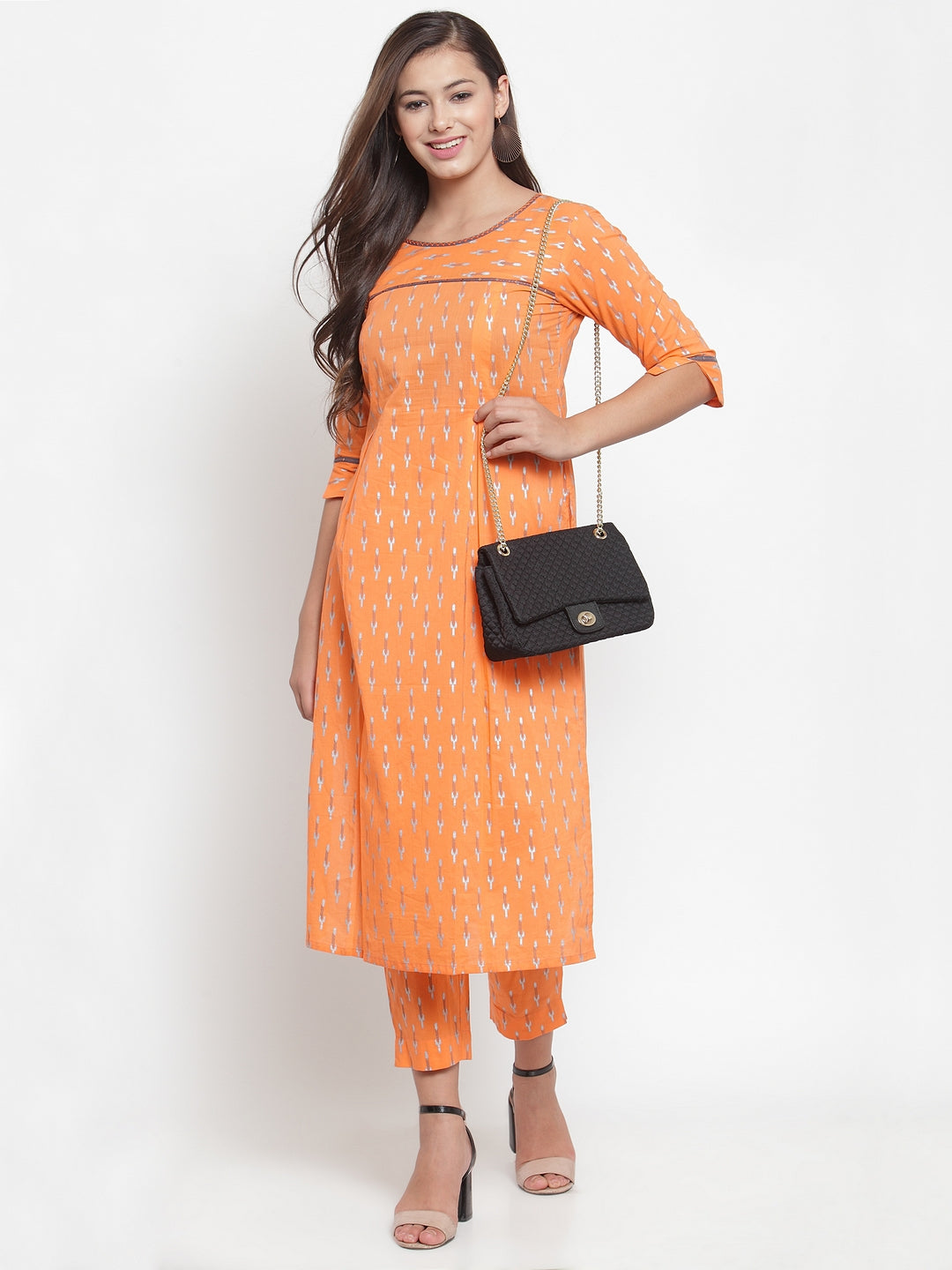 Indibelle Women Orange Cotton Foil Print Straight Kurta set