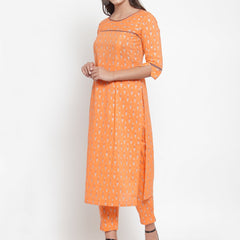 Indibelle Women Orange Cotton Foil Print Straight Kurta set