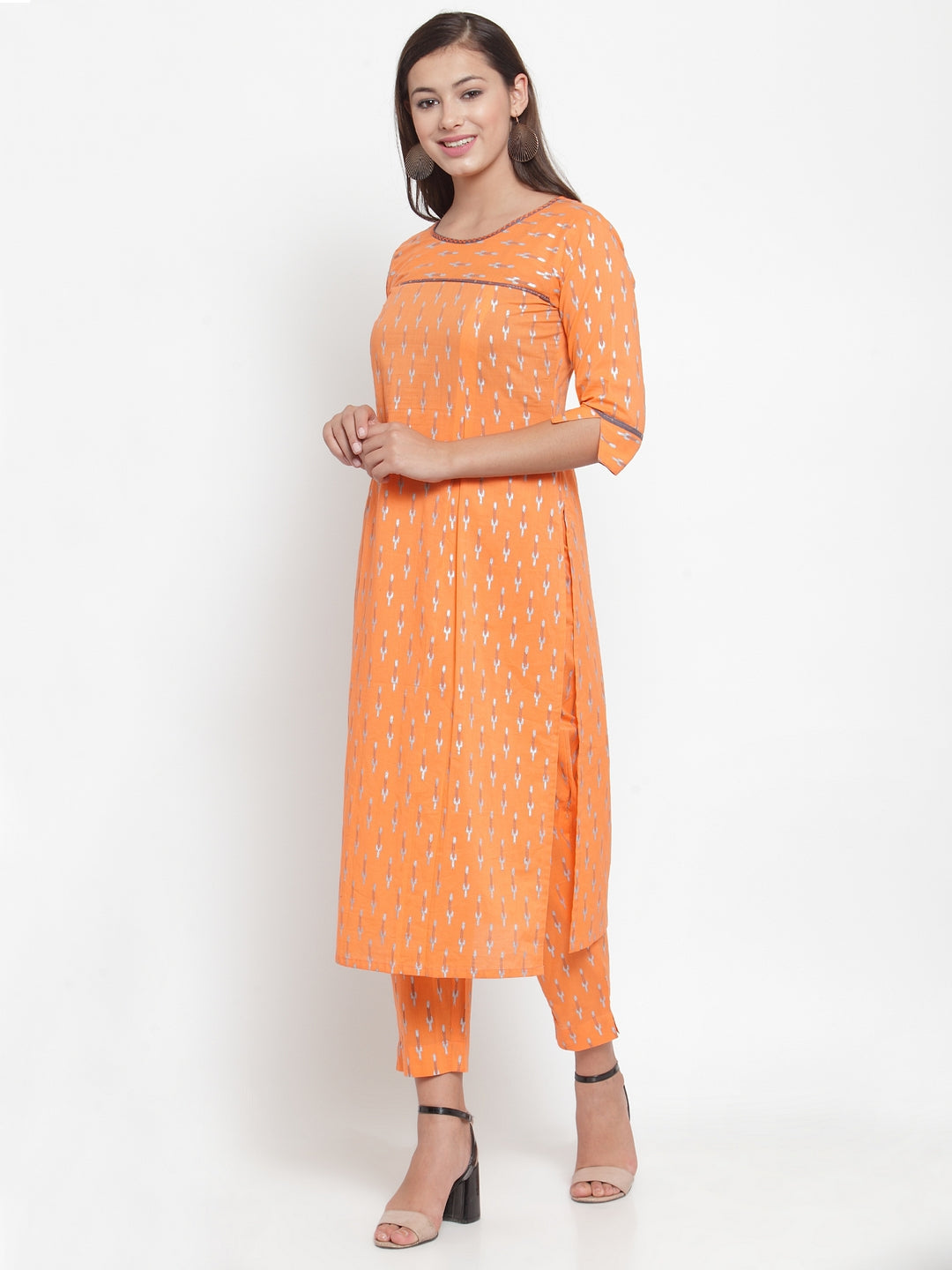 Indibelle Women Orange Cotton Foil Print Straight Kurta set