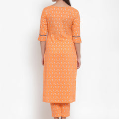 Indibelle Women Orange Cotton Foil Print Straight Kurta set
