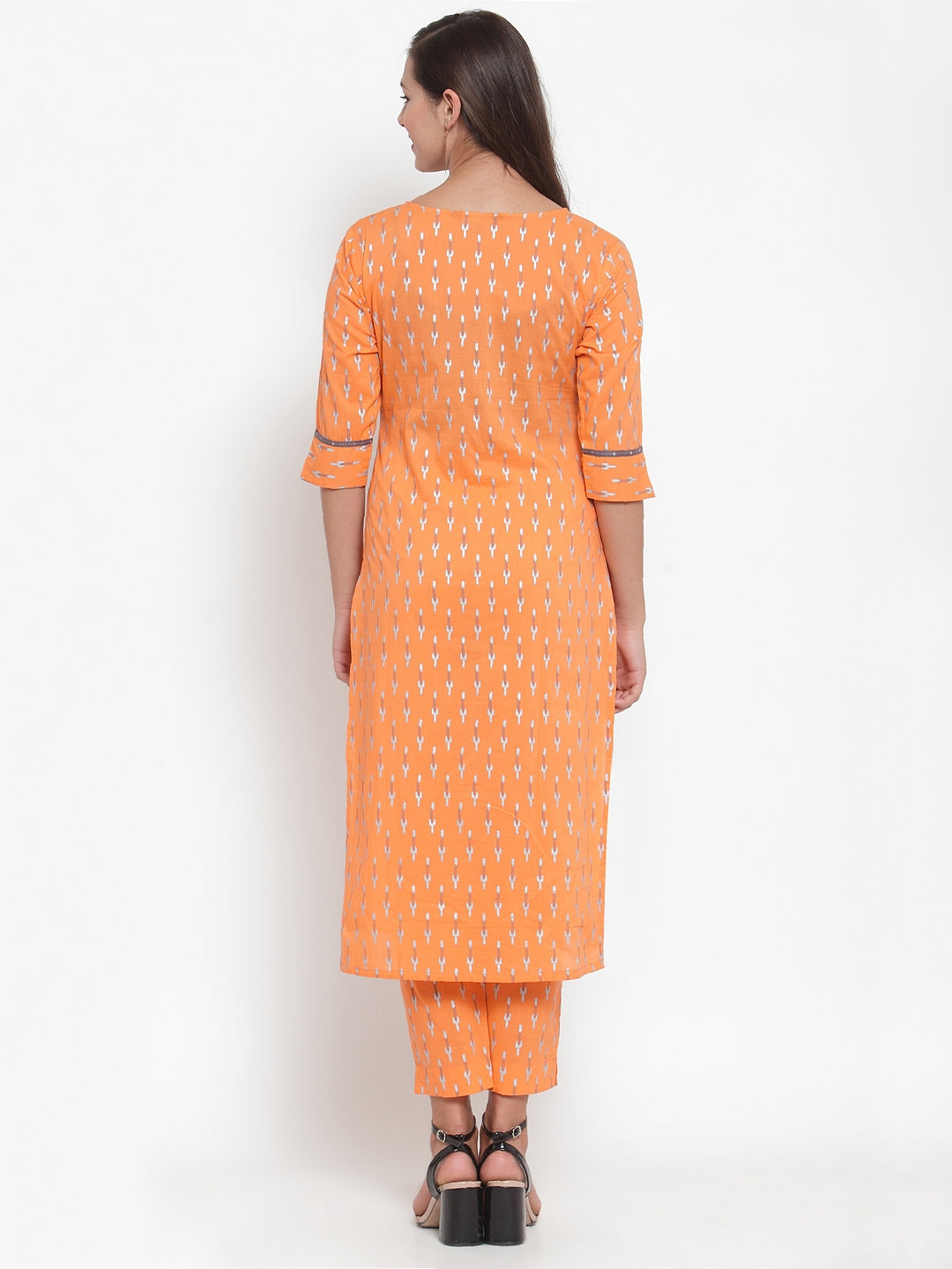 Indibelle Women Orange Cotton Foil Print Straight Kurta set